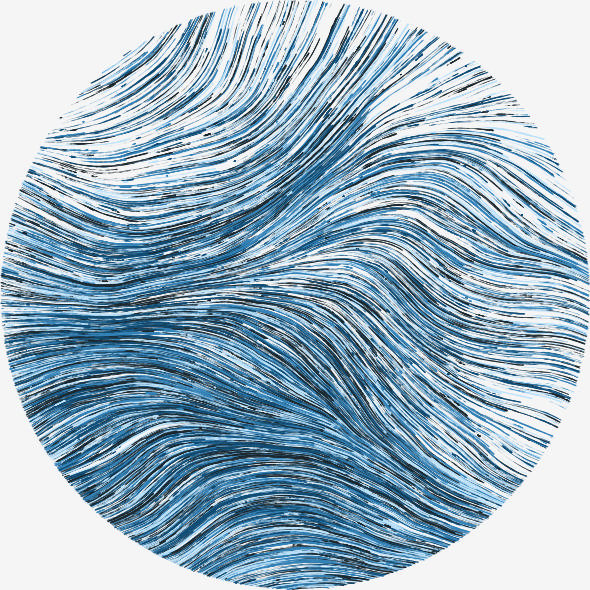 An image displaying a series of flowing lines in hues of blue created with the generative art package aRtsy for the R programming language.